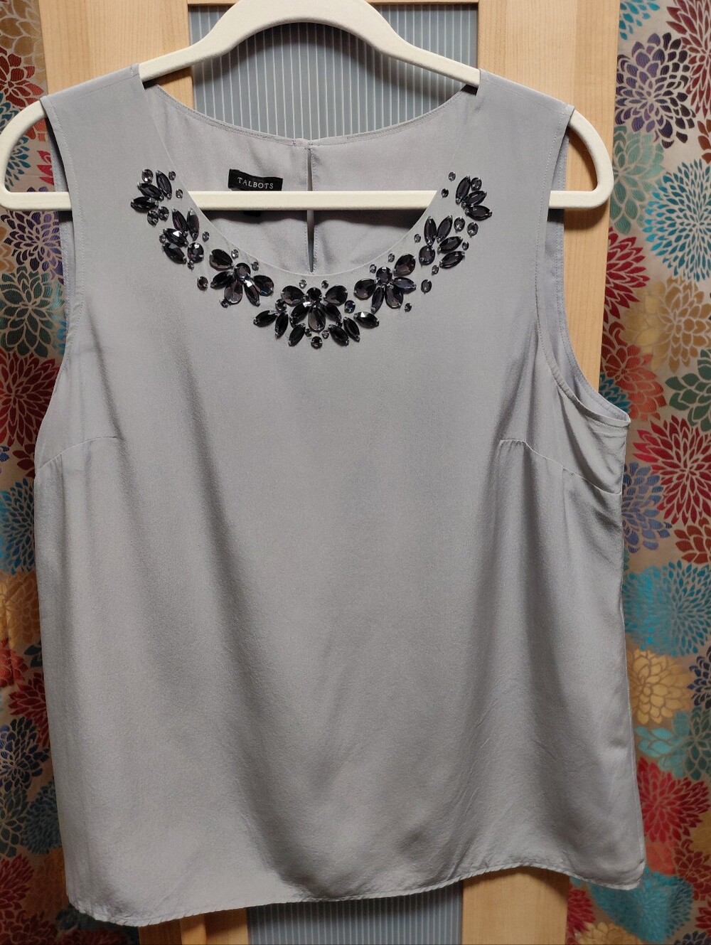 Talbots Gray Silk Sleeveless Top W/ Gray Jewel Embellishments